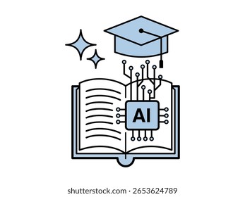 AI in Education. An illustration showing an open book with an AI chip, connected to a graduation cap, symbolizing smart learning and the future of education powered by artificial intelligence.