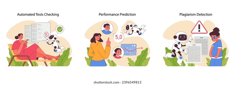 AI in education illustration. Streamlining assessment with automated test checking. Predicting student performance. Ensuring originality through plagiarism detection. Flat vector illustration