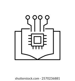  AI in education line icon design. Implementation AI in education sector. Book with chip and circuits line design