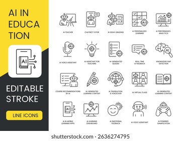 AI in education line icons with editable stroke representing AI-powered teaching, quiz generation, essay grading, virtual classes, learning analytics and personalized feedback