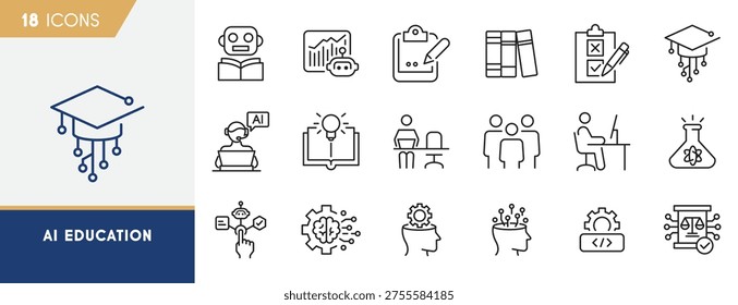 AI Education And Machine Learning Training Line Icons Set For Digital Learning Technology
