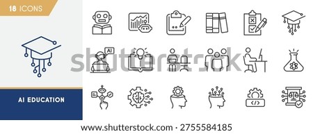 AI Education And Machine Learning Training Line Icons Set For Digital Learning Technology