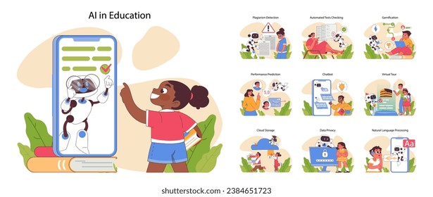 AI in Education set. Interactive learning with technology. Plagiarism detection, test automation, gamification for engagement. Innovative virtual experiences. Flat vector illustration