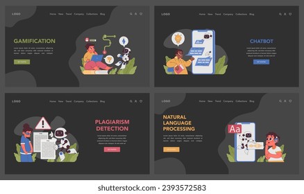 AI in Education set. Interactive learning with technology. Plagiarism detection, test automation, gamification for engagement. Innovative virtual experiences. Flat vector illustration