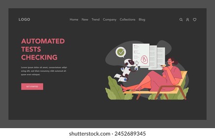 AI in education showcasing automated test checking with a robot marking answers while a teacher relaxes, highlighting efficient grading. Flat vector illustration