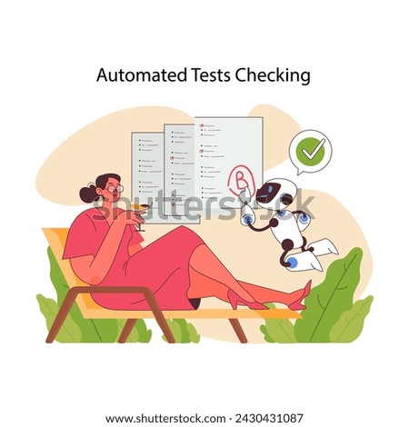 AI in education showcasing automated test checking with a robot marking answers while a teacher relaxes, highlighting efficient grading. Flat vector illustration