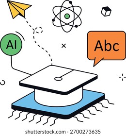 AI education showing machine learning and data analysis with a concept represented by a graduation cap, atom, cloud, and plane. For presentations, reports, or visualization. isometric flat vector.