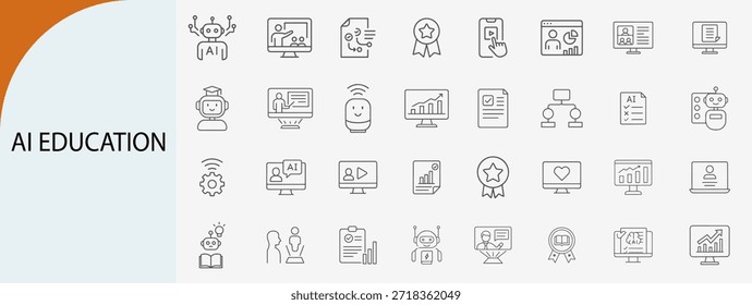 Conjunto de iconos de línea de aprendizaje inteligente y educación de IA, aula de inteligencia artificial y símbolos de tutor digital, Ilustración vectorial plana
