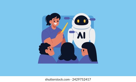 AI Education, Teacher teaches AI Skills to Students Flat Vector Illustration