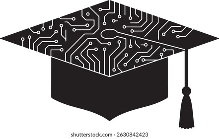AI Education, Tech School, Learning Logo, Graduate Poster, EdTech Branding, Knowledge Banner, Online Course, Student App – Graduation Cap Circuit Board Vector Symbol for Modern Education
