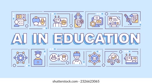 AI en el concepto de texto educativo con varios iconos sobre fondo monocromático azul, ilustración 2D editable vectorial.