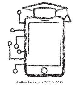 Ícone do vetor de educação do AI. Smartphone com tampa de graduação e circuitos. Esboço a carvão texturizado marrom escuro em um estilo linear em fundo transparente. Aprendizado inteligente e tecnologia móvel