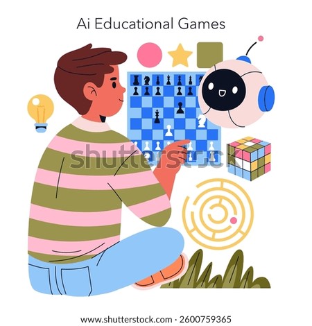 AI educational games engage learners through interactive methods. The illustration showcases a child focused on chess with dynamic AI elements, promoting strategic thinking and problem-solving skills.