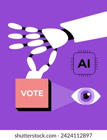 AI in elections. Artificial indigence robot with machine vision counts the votes. Flat vector illustration.