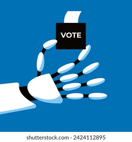 IA en las elecciones. Robot de Inteligencia Artificial sostiene una caja de votación. Ilustración vectorial plana.