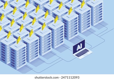 Ai electric energy and power consumption use - Artificial intelligence on laptop computer using excessive amounts and lots of data server park capacity, in flat design vector graphic illustration