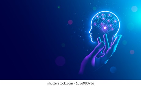 AI. Electronic brain. Neon Silhouette of human head with artificial intelligence hanging over palm hand. Cybernetic artificial neural network. Electronic mind. Neuronet, deep machine learning concept.