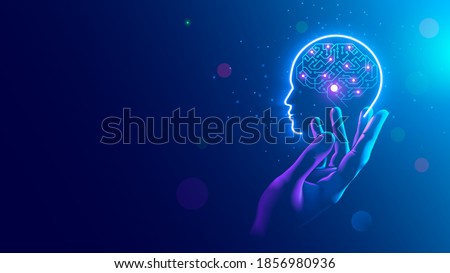 AI. Electronic brain. Neon Silhouette of human head with artificial intelligence hanging over palm hand. Cybernetic artificial neural network. Electronic mind. Neuronet, deep machine learning concept.