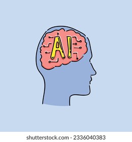 AI. Electronic brain. Silhouette of human head with artificial intelligence brain. Cybernetic artificial neural network. Electronic mind. Neuronet, deep machine learning concept.