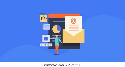 AI email management, Artificial intelligence writing email content, AI email assistance - vector illustration with icons