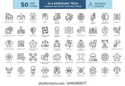 Ai and emerging future tech icon set. Artificial intelligence, technology, innovation, digital and industry 4.0 thin line outline graphic elements.