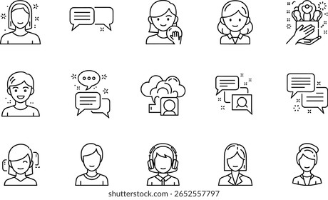 AI emotional dialogue line icon set. Vector pictograms of conversation, empathy, therapy, support chat, feedback, identity, understanding, thin