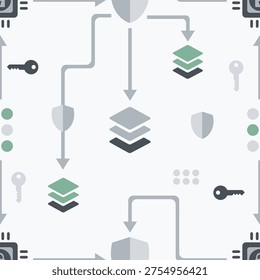 AI Encryption Layer System seamless pattern featuring cryptographic keys and layer stacks in a clean flat vector style for secure AI model data protection and privacy backgrounds.