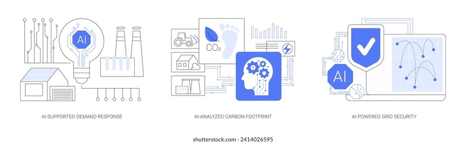 AI in energy consumption abstract concept vector illustration set. AI-Supported Demand Response, AI-Analyzed Carbon Footprint, AI-Powered Grid Security abstract metaphor.