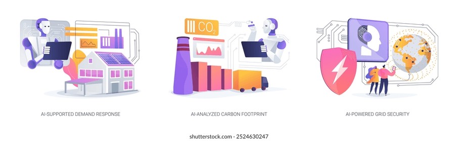 Conjunto de Ilustración vectorial de concepto abstracto de IA en consumo de energía. Respuesta a la demanda respaldada por IA, huella de carbono analizada por IA, metáfora abstracta de seguridad de red impulsada por IA.