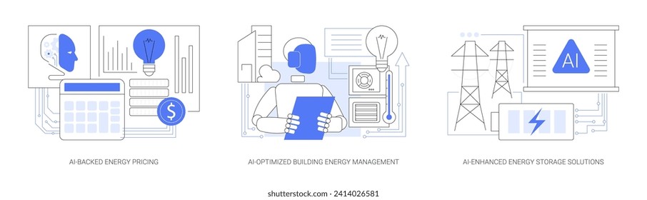 AI in energy generation abstract concept vector illustration set. AI-Backed Energy Pricing, Building Energy Management, AI-Enhanced Energy Storage Solutions, Grid stability abstract metaphor.