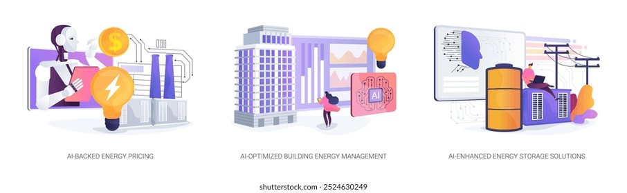 AI em geração de energia conceito abstrato vetor ilustração conjunto. Preços de energia apoiados por IA, gerenciamento de energia de construção, soluções de armazenamento de energia aprimoradas por IA, metáfora abstrata de estabilidade de grade.