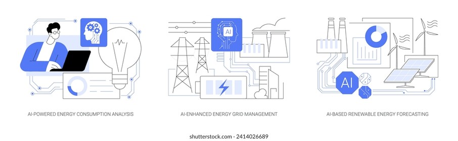 La IA en la producción de energía y el uso del conjunto de ilustraciones vectoriales conceptuales abstractas. Análisis de consumo de energía con energía de IA, gestión de la red energética mejorada con IA, predicción de energía renovable metáfora abstracta.