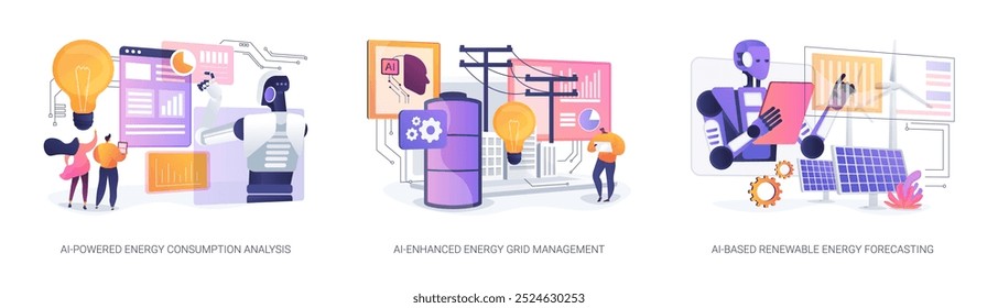 AI na produção de energia e usar o conceito abstrato vetor ilustração conjunto. Análise de consumo de energia alimentada por IA, gerenciamento de rede de energia aprimorada por IA, metáfora abstrata de previsão de energia renovável.