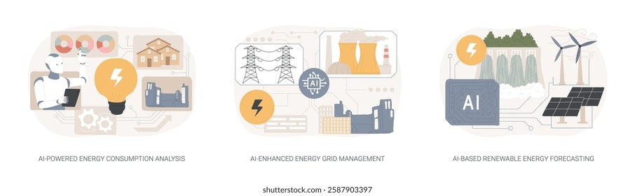 AI in Energy production and use abstract concept vector illustration set. AI-Powered Energy Consumption Analysis, AI-Enhanced Energy Grid Management, Renewable Energy Forecasting abstract metaphor.