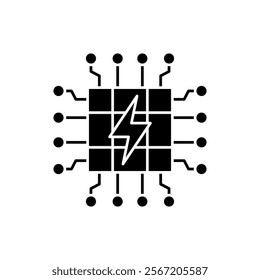 AI in energy solid icon design. Implementation AI in energy sector. Thunder with solar panel and circuit design