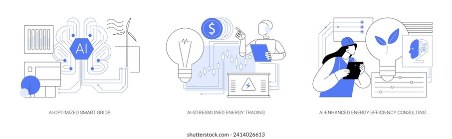 La IA en el conjunto de ilustraciones vectoriales abstractas de suministro de energía. Rejillas Inteligentes Optimizadas con IA, Intercambio de Energía Racionalizado con IA, oferta y demanda, metáfora abstracta de Consultoría de Eficiencia Energética Mejorada con IA.