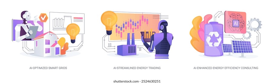 AI no conjunto de ilustração vetorial de conceito abstrato de fornecimento de energia. AI-Otimized Smart Grids, AI-Streamline Energy Trading, oferta e demanda, AI-Enhanced Energy Efficiency Consulting metáfora abstrata.