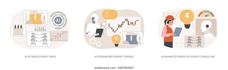 AI in Energy supply abstract concept vector illustration set. AI-Optimized Smart Grids, AI-Streamlined Energy Trading, supply and demand, AI-Enhanced Energy Efficiency Consulting abstract metaphor.