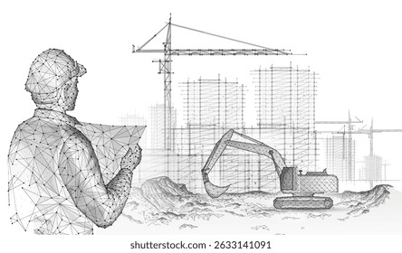 Engenheiro de inteligência artificial e canteiro de obras. Construção de impressão 3D, Construção de modelagem de informação, Fundo industrial, Construção de projeto, Plano de arquiteto, Trabalho urbano, Desenvolvimento urbano, Conceito de construção modular