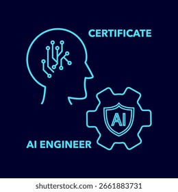 Icono de ingeniero de IA. Vector de texto del certificado. Símbolo de cabeza de neón. Perfil digital de engranajes. EPS 10.