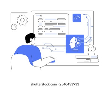 KI-Ingenieur, einzelne Cartoon-Vektorgrafiken. Professioneller KI-Ingenieur, der Roboter-KI-Modelle mit maschinellen Lernalgorithmen, IT-Technologie, Datentransfer, Big-Data-Vektorgrafik erstellt.