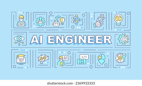 AI engineer text with various thin linear icons concept on blue monochromatic background, editable 2D vector illustration.
