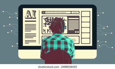 AI engineer working on retrofuturism style generative AI website and app. Man sitting in front of giant computer monitor, facing away from camera. Vector illustration collage art