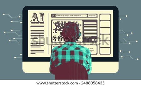 AI engineer working on retrofuturism style generative AI website and app. Man sitting in front of giant computer monitor, facing away from camera. Vector illustration collage art