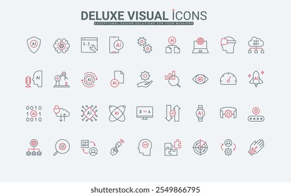 AI engineering, digital data analysis technology automation with artificial intelligence line icon set. Smart processes, intelligent assistant thin black and red outline symbols vector illustration