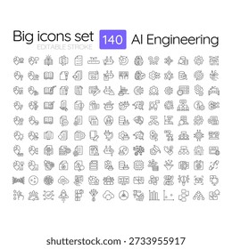 AI engineering line icons big set. Integrating artificial intelligence in software development. Technology of future iconset outline pictograms. Isolated linear vector illustrations. Editable stroke