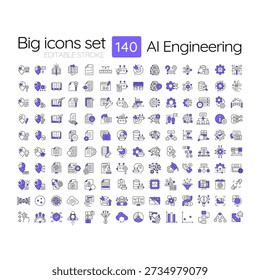 AI engineering two color line icons set. Integrating artificial intelligence in software development. Technology of future bicolor outline mega pack isolated. Duotone thin lineart. Editable stroke