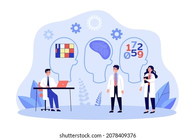 AI engineers, scientists working on digital brain development. People studying neural network flat vector illustration. Artificial intelligence concept for banner, website design or landing web page