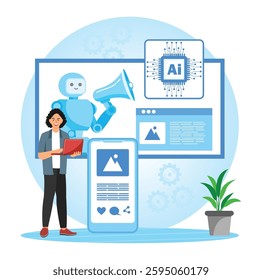 AI enhanced automated customer engagement concept. Marketing and Advertising. Customer interactions with chatbots and social media. Flat vector modern illustration 