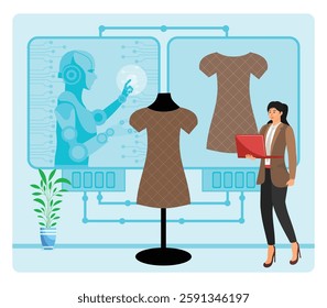 AI Enhanced Fashion Design concept. A professional working with artificial intelligence to design a modern dress, showcasing innovation in the fashion industry. Flat vector modern illustration 